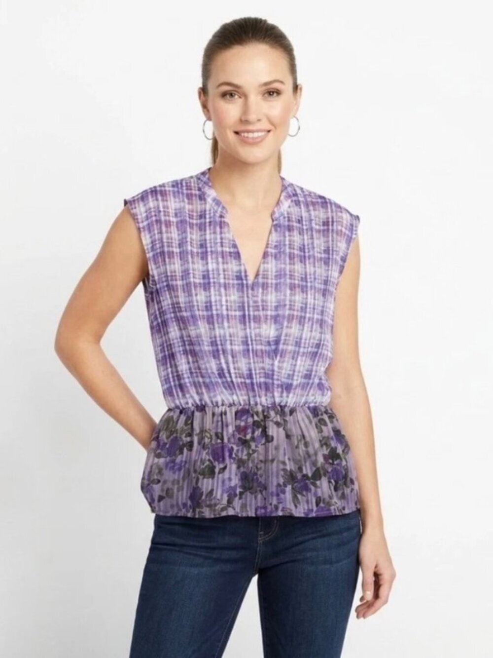 Cabi Womens Eva Peplum Top XS Floral & Plaid Purple Crossover V Neck 731